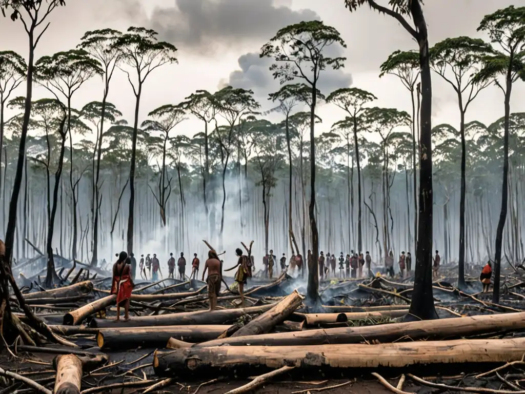 Comunidades indígenas impactadas por la deforestación: paisaje desolador de árboles talados y cielo cargado de humo