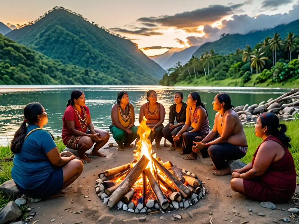 Comunidades indígenas reunidas alrededor de una fogata, planeando estrategias de adaptación y mitigación al impacto del cambio climático