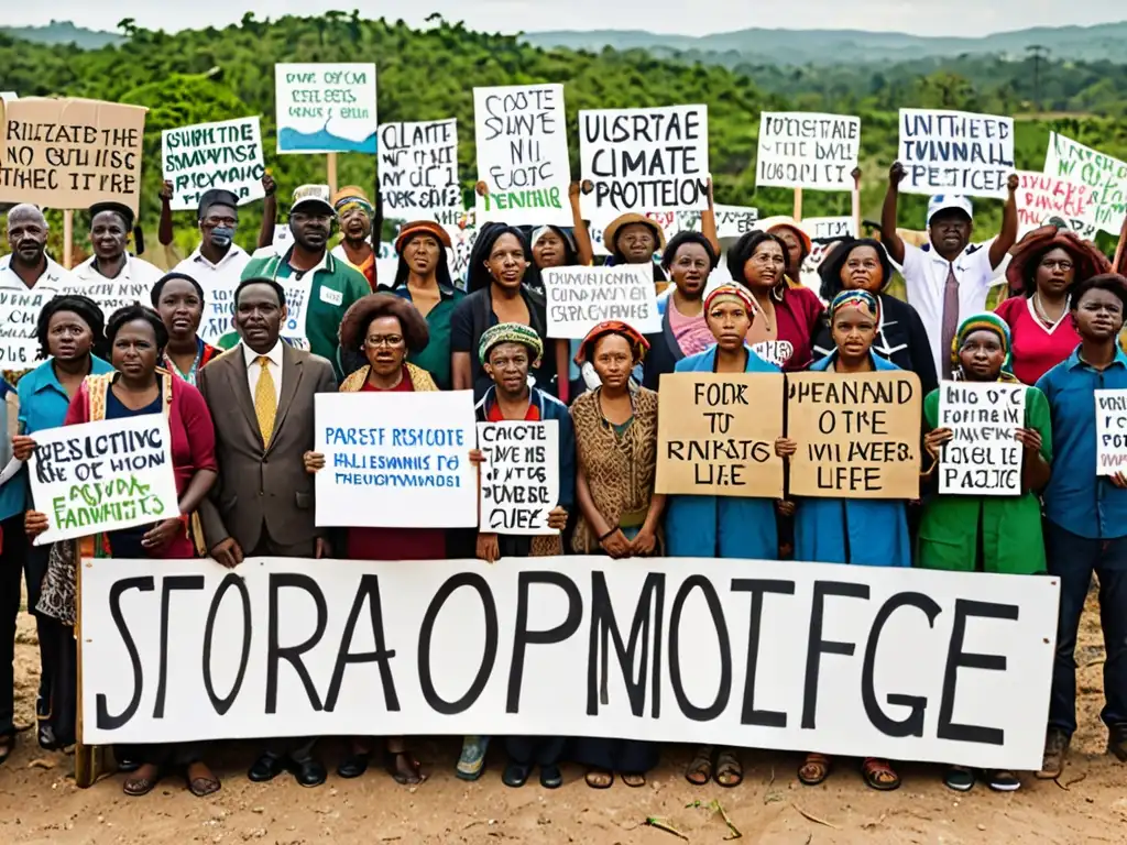 Comunidades vulnerables luchando por protección y justicia climática, expresando determinación y esperanza en la protesta