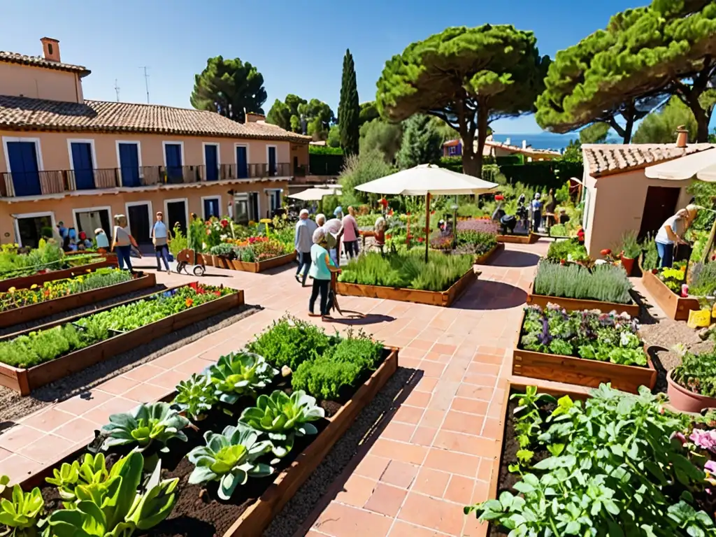 Jardín comunitario en España con plantas verdes y flores, gestión comunitaria espacios verdes legales en una villa tradicional española