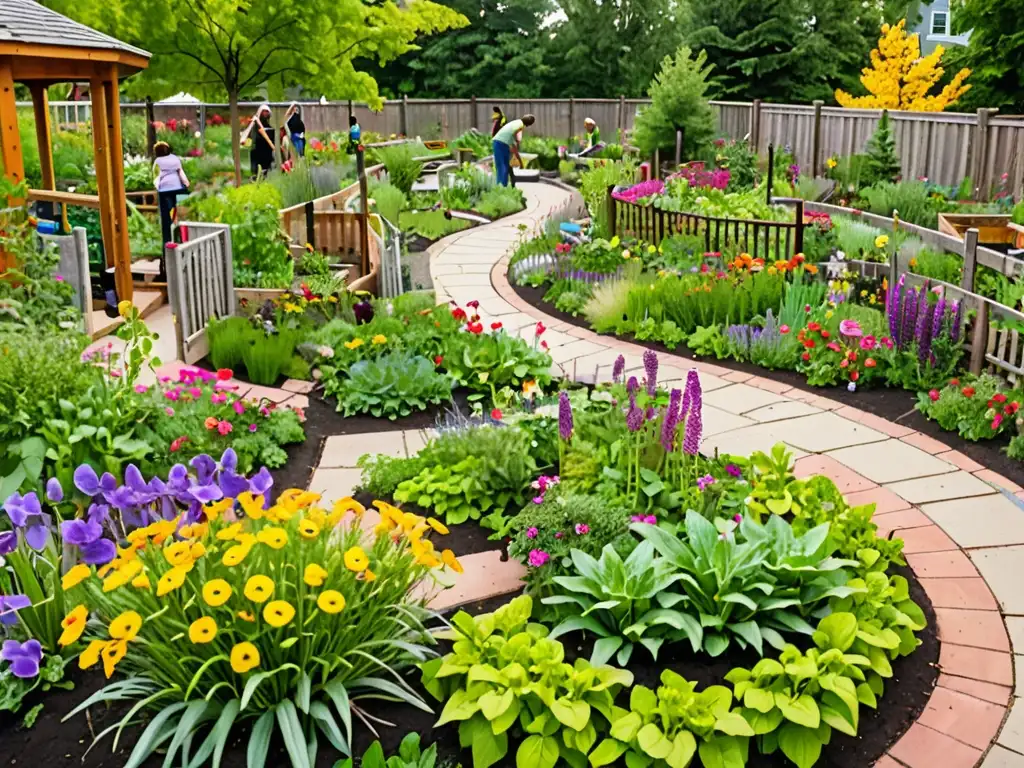 Jardín comunitario vibrante con plantas verdes y flores coloridas, reflejando la gestión comunitaria de espacios verdes legales