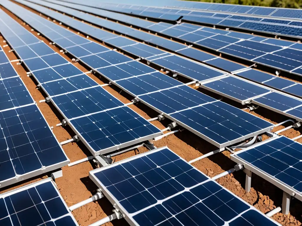 Un conjunto de paneles solares en un día soleado, reflejando la luz