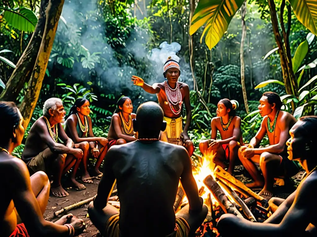 Consejo de ancianos junto a fogata en selva africana, mostrando la conexión entre comunidad indígena y naturaleza