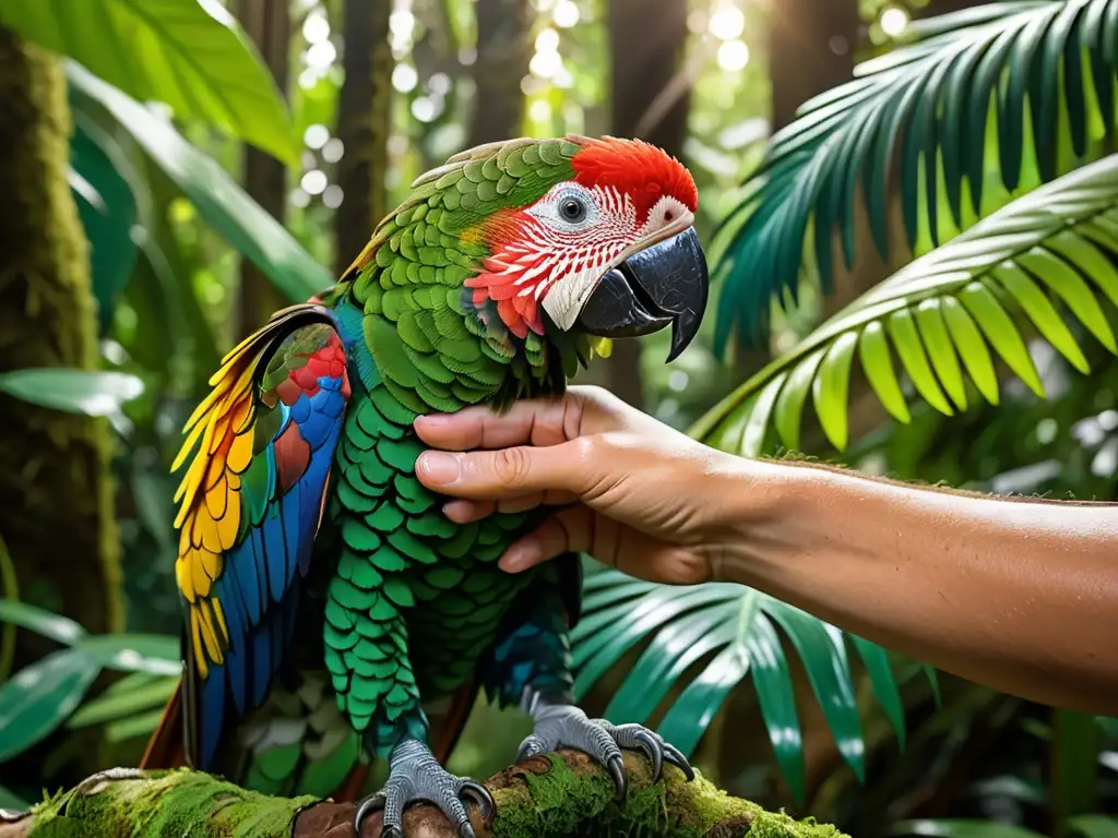 Conservacionista liberando con cuidado un animal exótico rehabilitado en su hábitat natural en la exuberante selva