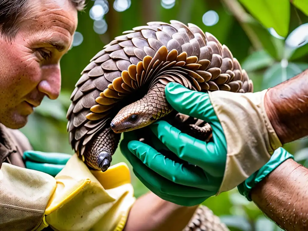 Conservacionista examina con cuidado a pangolín en su hábitat natural, mostrando las consecuencias del tráfico de especies