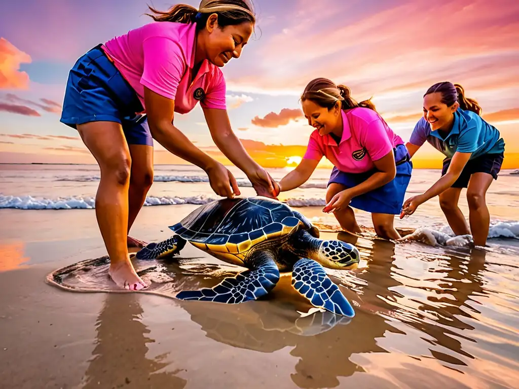 Conservacionistas liberando tortugas marinas al atardecer, reflejando la conciencia legal de especies en peligro