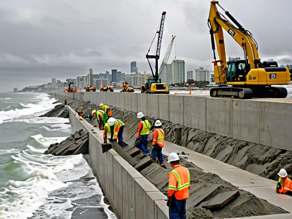 Construcción de un muro de contención frente al aumento del nivel del mar en una ciudad costera