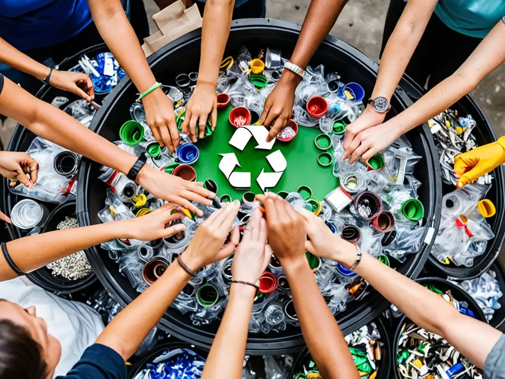 Consumidores comprometidos participan activamente en la Economía Circular, separando y reciclando materiales en una moderna instalación de reciclaje