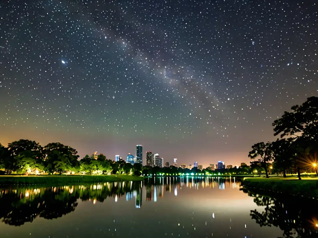 Contaminación lumínica en espacios verdes: Noche serena en un parque verde con estrellas brillantes y suave halo de luces de la ciudad