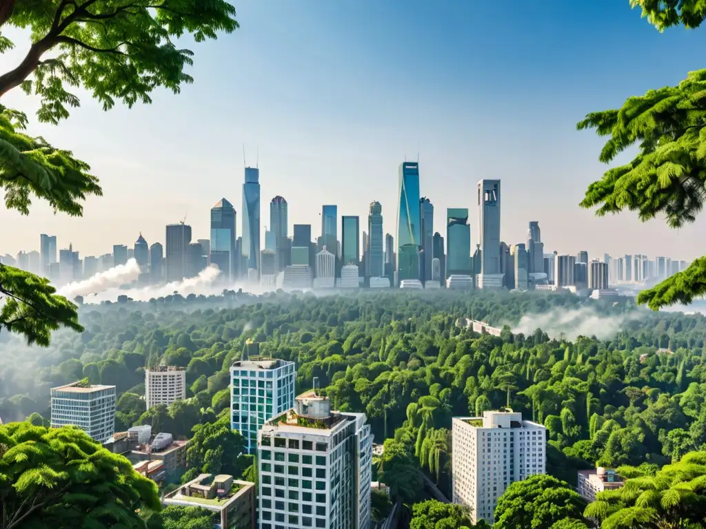 Contraste entre ciudad contaminada y bosque verde destaca tendencias legales para negocios sostenibles en derecho ambiental