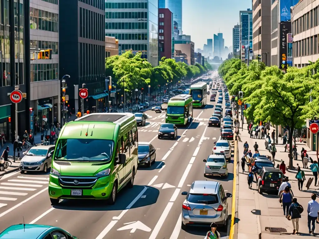 Contraste entre congestión vehicular y espacios verdes en la ciudad, ilustrando la legislación urbana para mejorar la calidad del aire