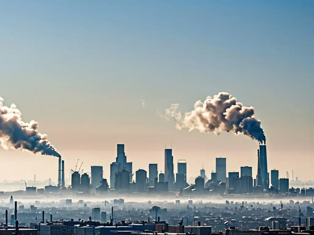 Contraste entre la contaminación urbana y un cielo azul, ejemplifica el enfoque del derecho ambiental en cambio climático