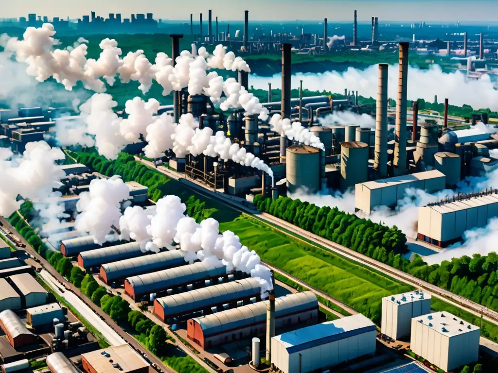 Contraste impactante: ciudad industrial con humo y naturaleza serena