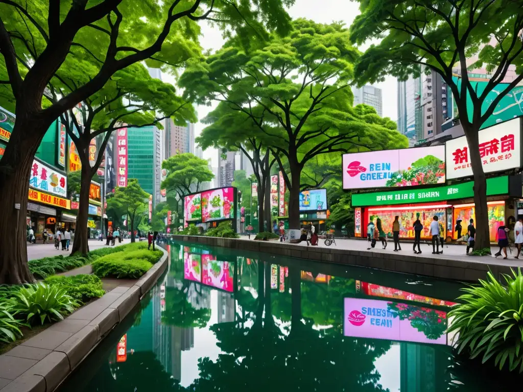 Contraste entre publicidad urbana y tranquilidad en el parque, reflexión sobre regulaciones publicidad espacios verdes