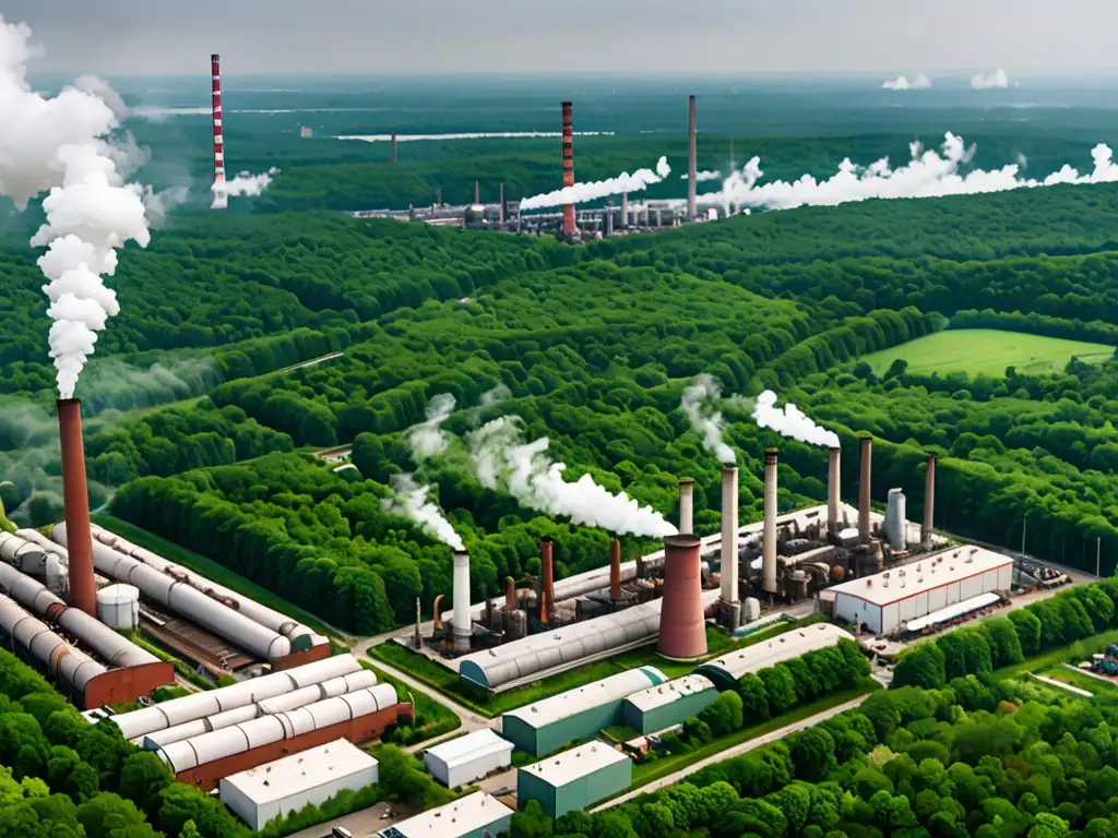 Contraste entre la zona industrial y el bosque, ilustrando el impacto de las zonas de libre comercio en el derecho ambiental