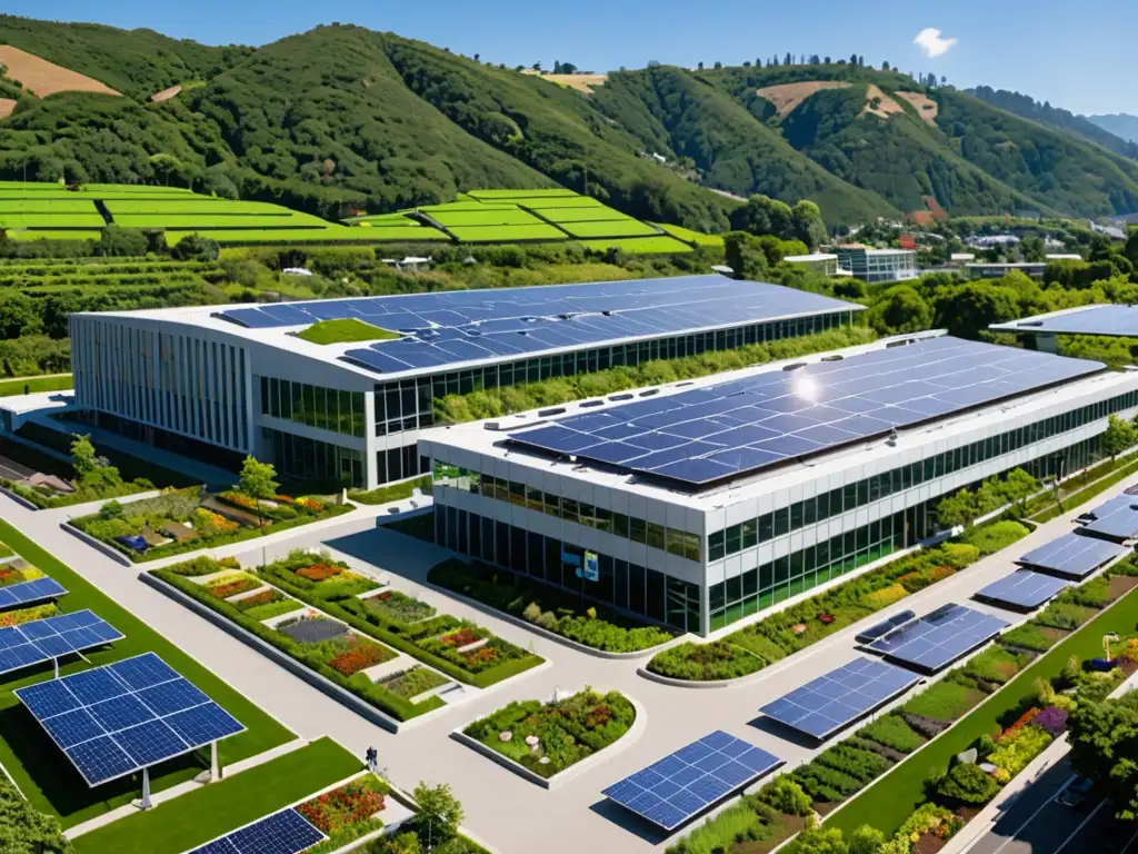 Corporación con paneles solares, vehículos eléctricos, jardín verde y armonía sostenible