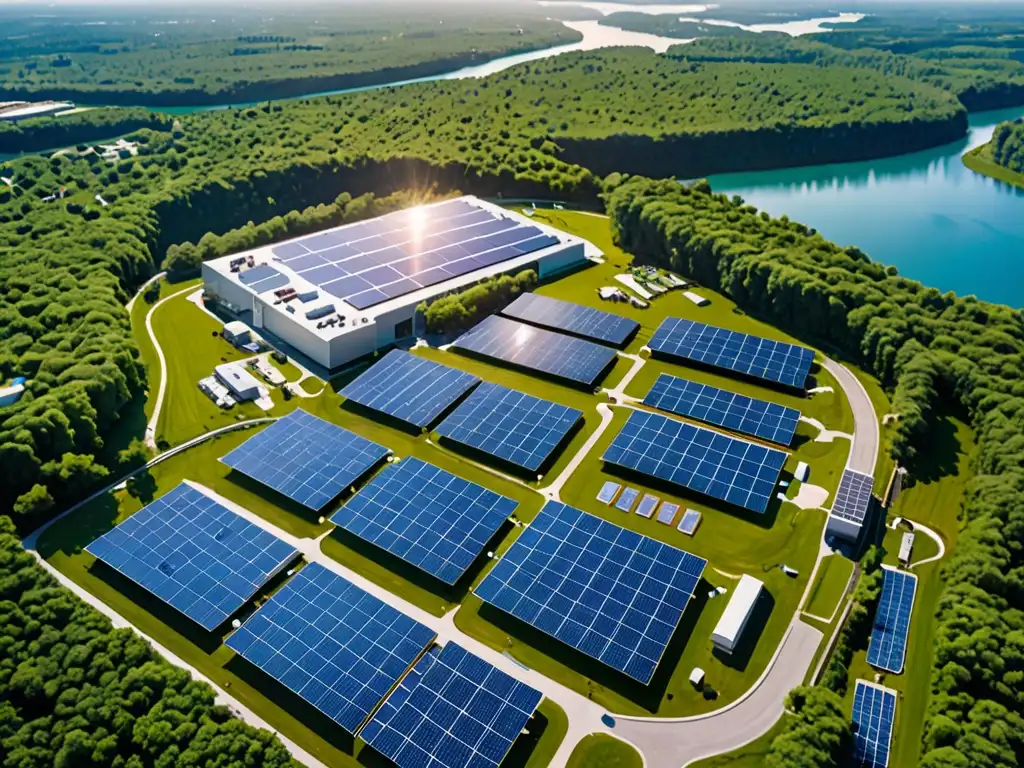 Instalación corporativa con paneles solares rodeada de naturaleza exuberante y un río azul