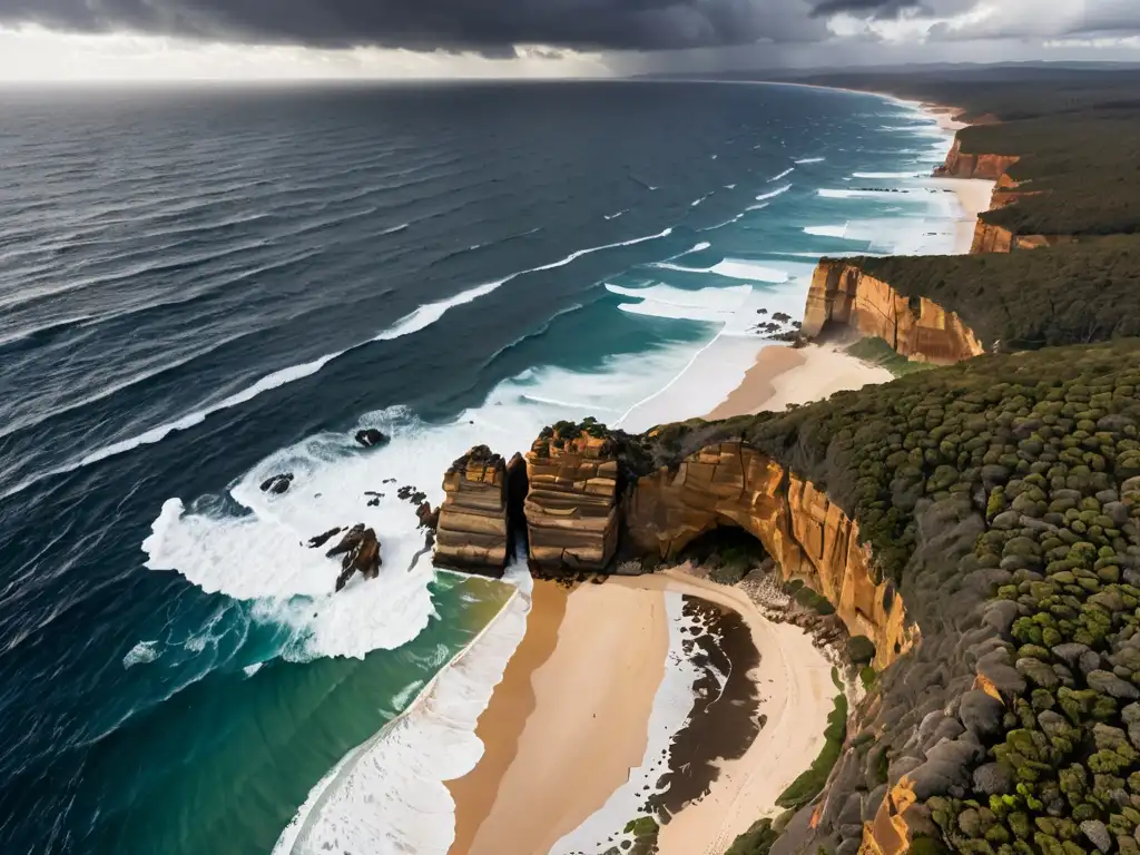 Costa australiana impactante; mar embravecido choca contra acantilados