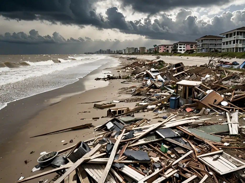 Costa devastada por desastre natural, con escombros en la playa y edificios dañados