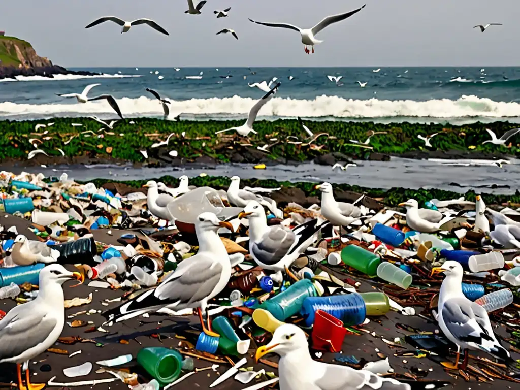 La costa está llena de residuos plásticos, con gaviotas posadas en ellos, transmitiendo la urgencia de reducir residuos plásticos ley