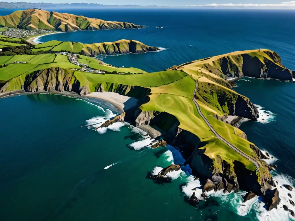 Costa de Nueva Zelanda: paisaje costero pintoresco con colinas verdes y mar azul