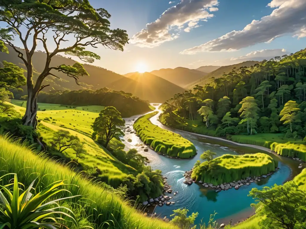 Creación de nuevos parques zonas verdes: paisaje exuberante con río cristalino y colinas, bañado por cálido sol dorado