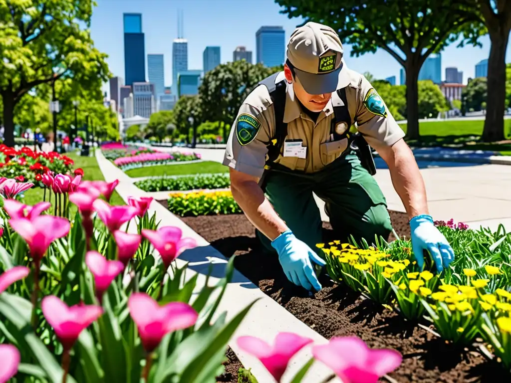 Un cuidadoso aplicador de pesticidas en áreas verdes urbanas, siguiendo regulación y seguridad