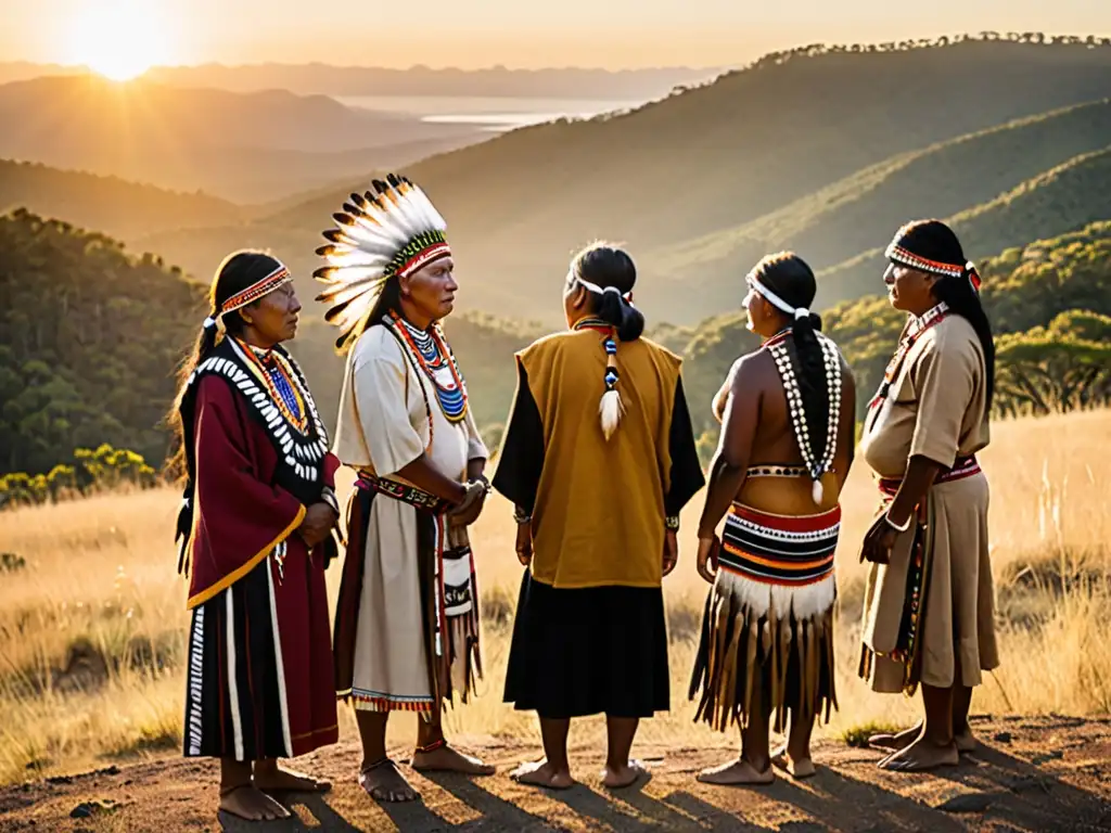 Unidad ancestral: líderes indígenas unidos en defensa de sus tierras Colaboración intertribal en defensa de territorios: líderes indígenas unidos, mirando al horizonte en paisaje impresionante al atardecer