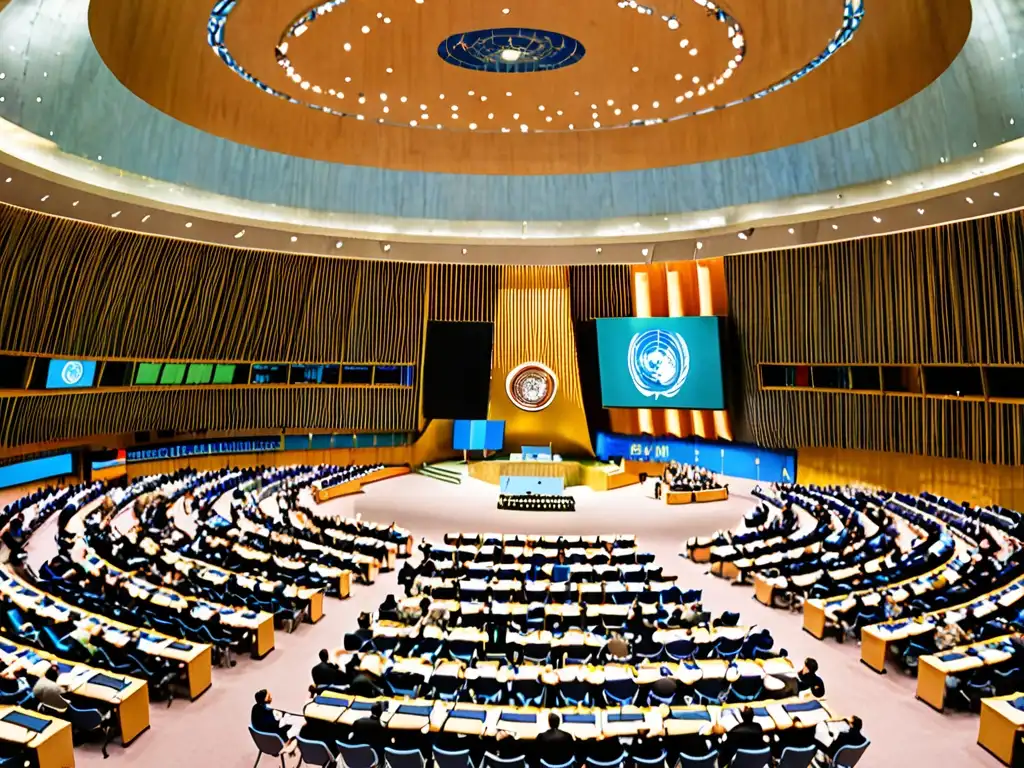 Delegados discuten Acuerdos internacionales energías renovables en la Asamblea de la ONU, con banderas de países al fondo