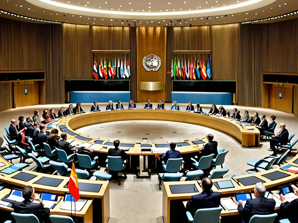 Delegados discuten acuerdos internacionales energías renovables en la sala de conferencias de la ONU, con banderas de todo el mundo