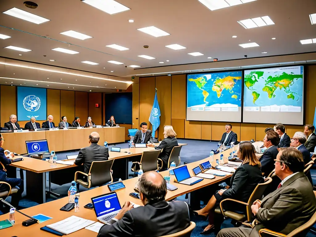 Delegados de la ONU y expertos en ambiente discuten legislación ecológica global en sala moderna llena de mapas y documentos