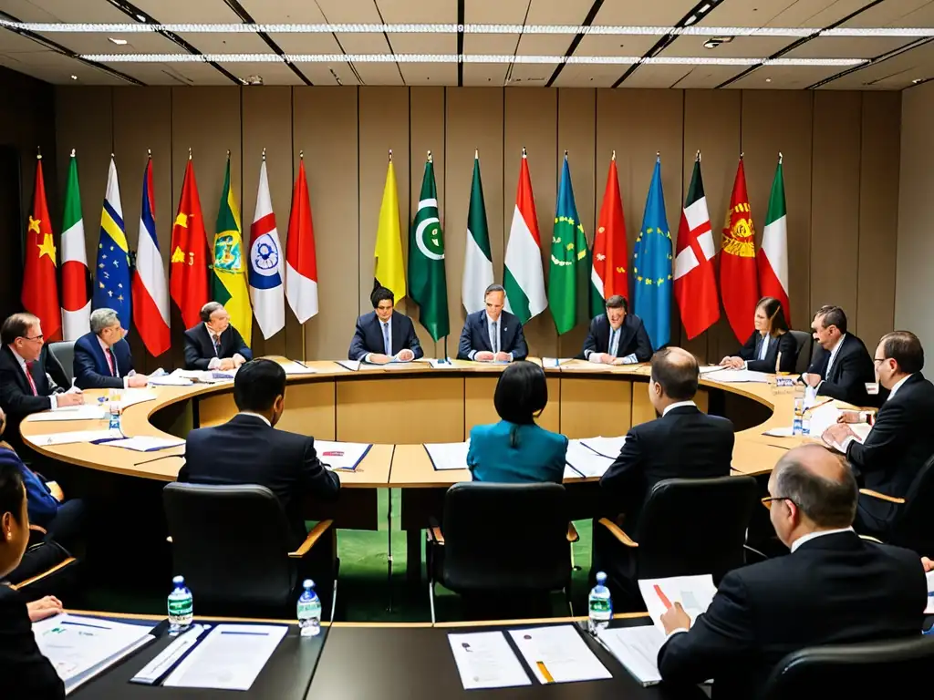 Delegados internacionales en acalorada discusión sobre convenios internacionales protección medio ambiente en sala de conferencias iluminada tenue