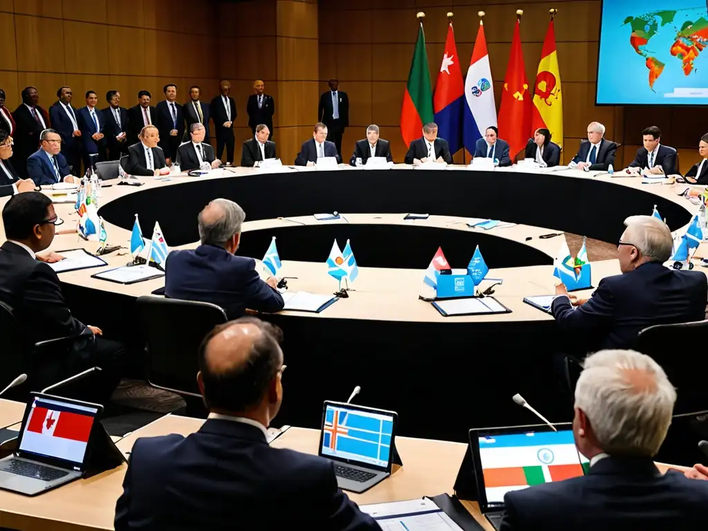 Delegados internacionales discutiendo acuerdos internacionales lucha cambio climático en cumbre sobre cambio climático