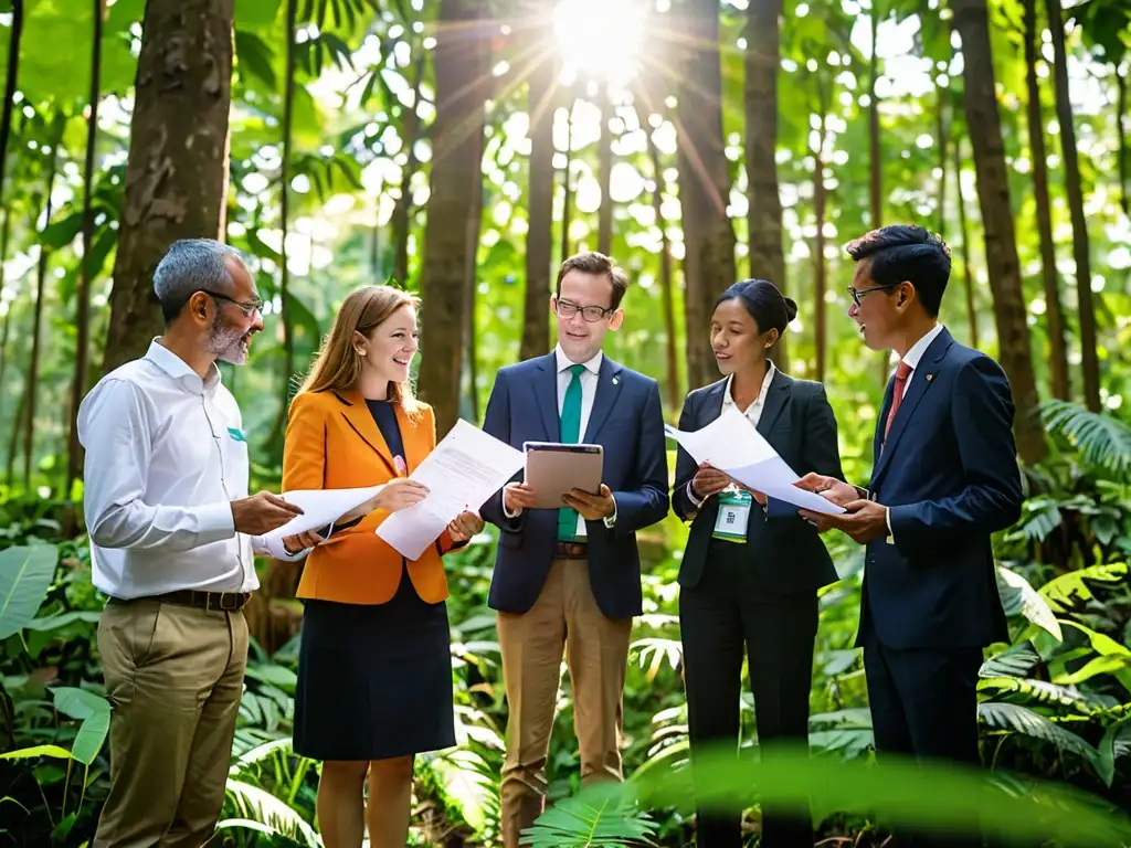 Delegados internacionales en el bosque, discutiendo sobre alianzas verdes y cooperación internacional ambiental