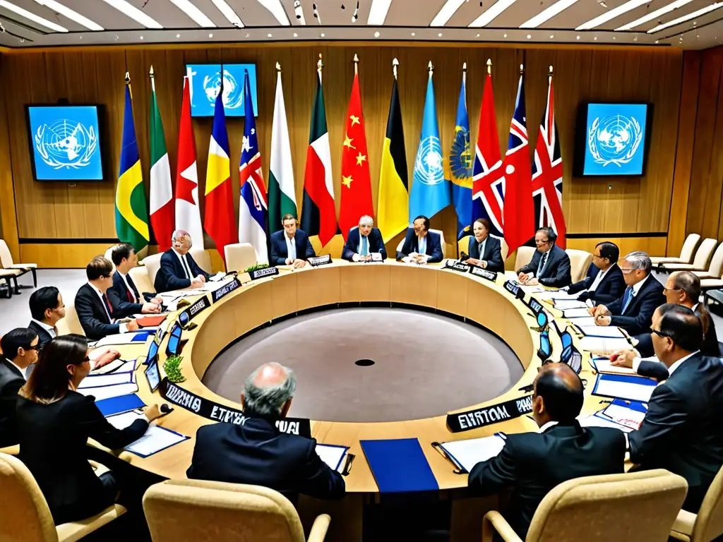 Delegados internacionales en conferencia de la ONU sobre medio ambiente, mostrando Alianzas verdes cooperación internacional ambiental