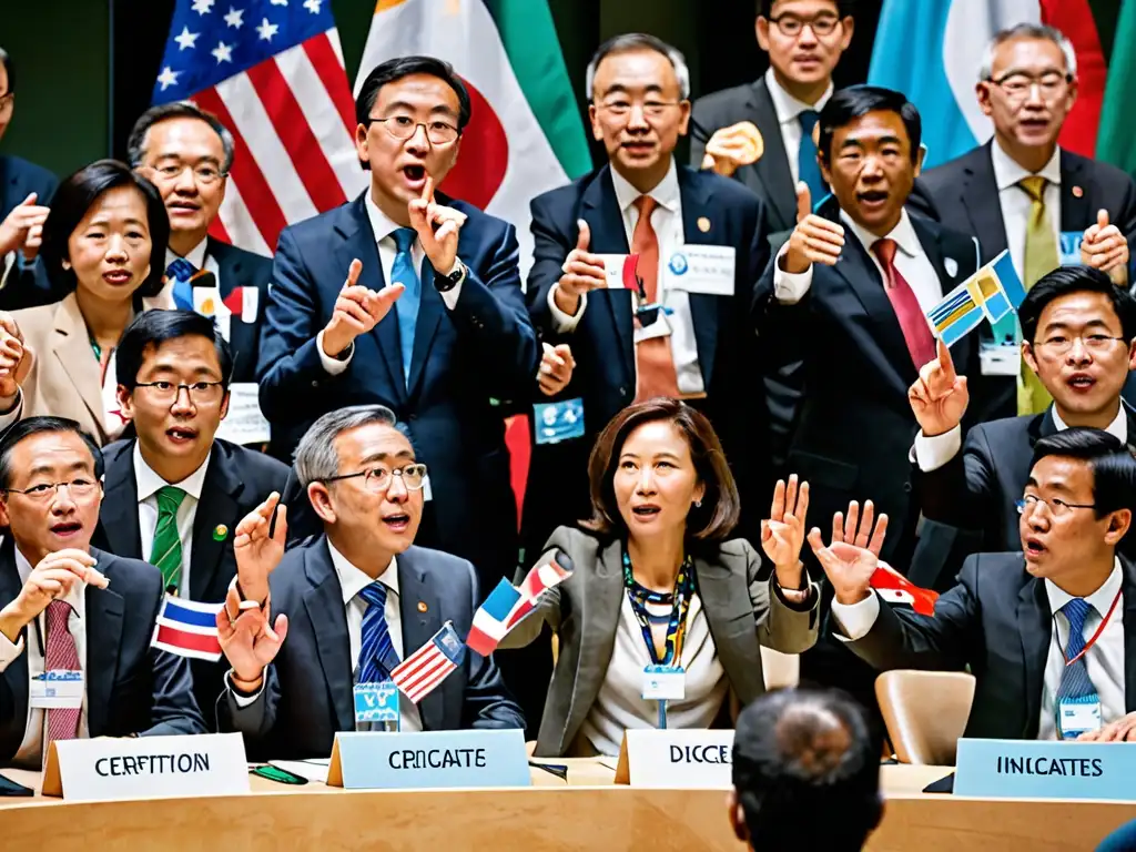 Delegados internacionales debaten apasionadamente en conferencia de la ONU sobre regulaciones ambientales, con banderas de diferentes países de fondo