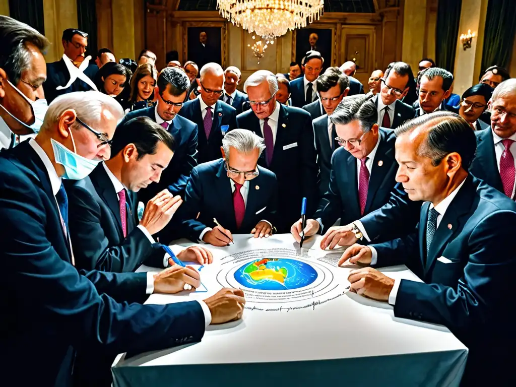 Delegados internacionales firmando el Convenio de Viena para la Protección de la Capa de Ozono, transmitiendo su impacto global y compromiso ambiental