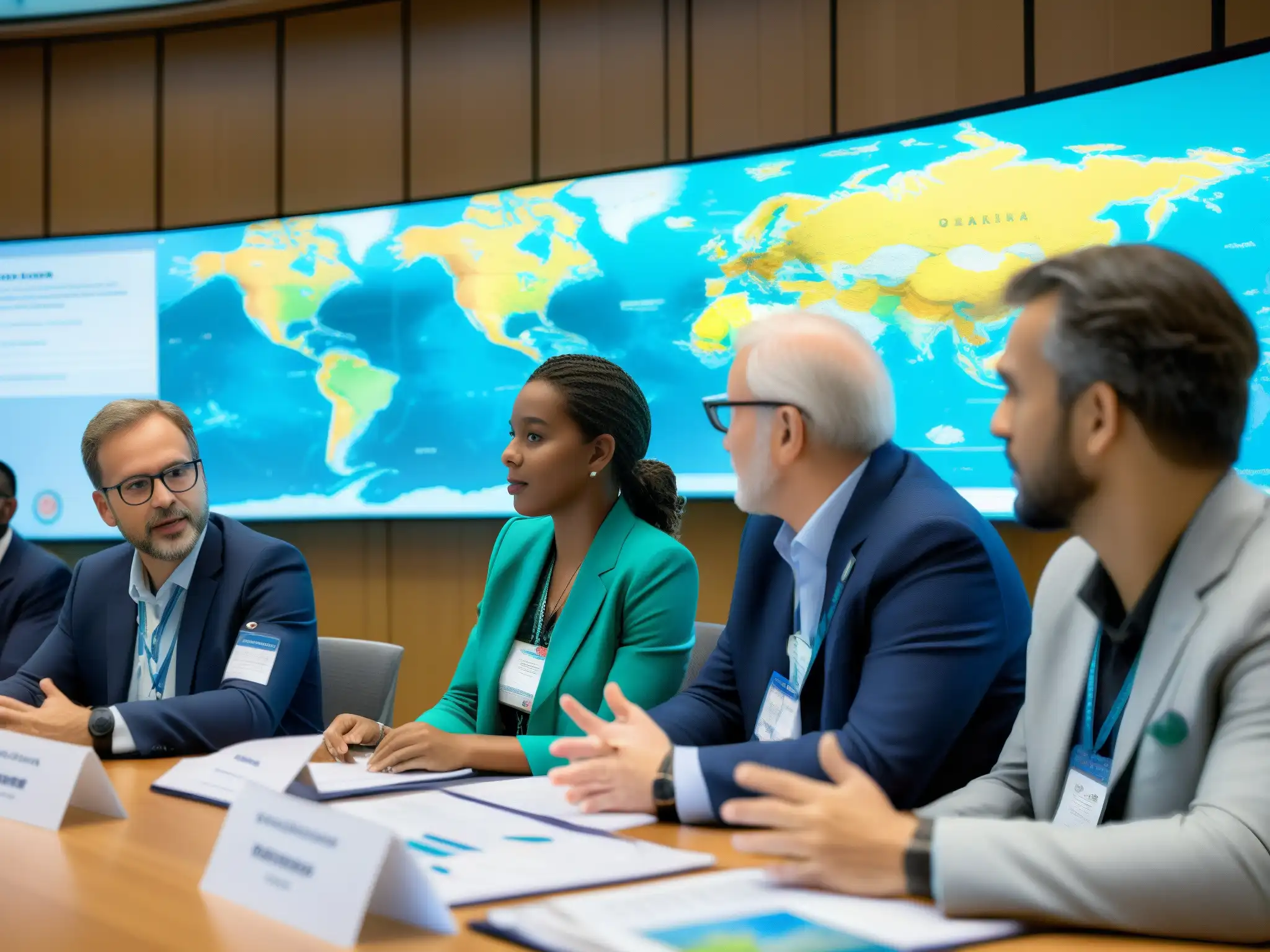 Delegados internacionales discuten legislación global para la conservación marina en una sala llena de mapas y gráficos