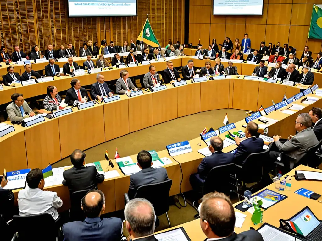 Delegados internacionales debaten apasionadamente la legislación internacional CITES sobre comercio de especies en una escena dinámica y urgente