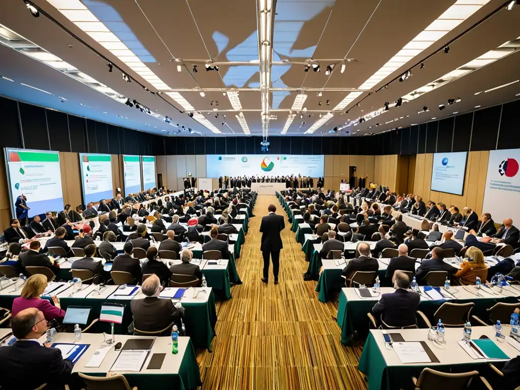 Delegados internacionales discuten normativas eficiencia energética impacto global en conferencia llena de banderas de distintas naciones