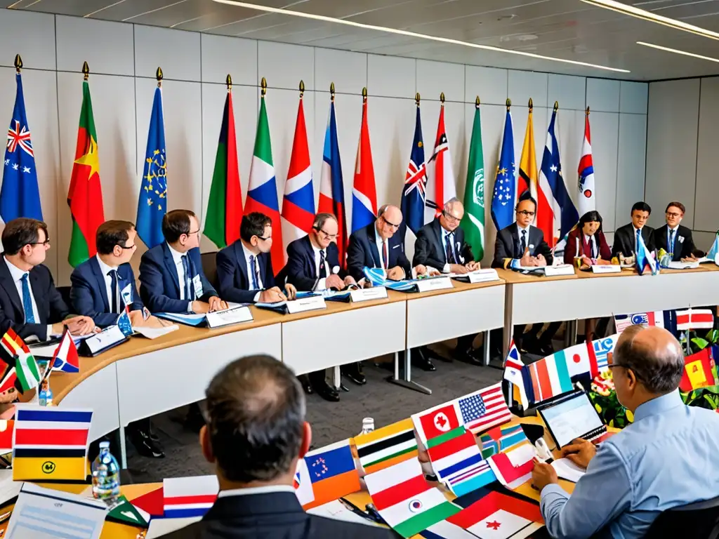 Delegados internacionales discuten regulaciones emisiones aviación impacto global, colaboración y determinación en sala llena de banderas