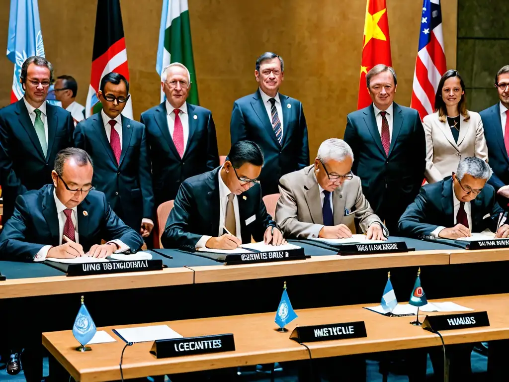 Delegados internacionales firmando tratado para combatir tráfico de especies en la ONU