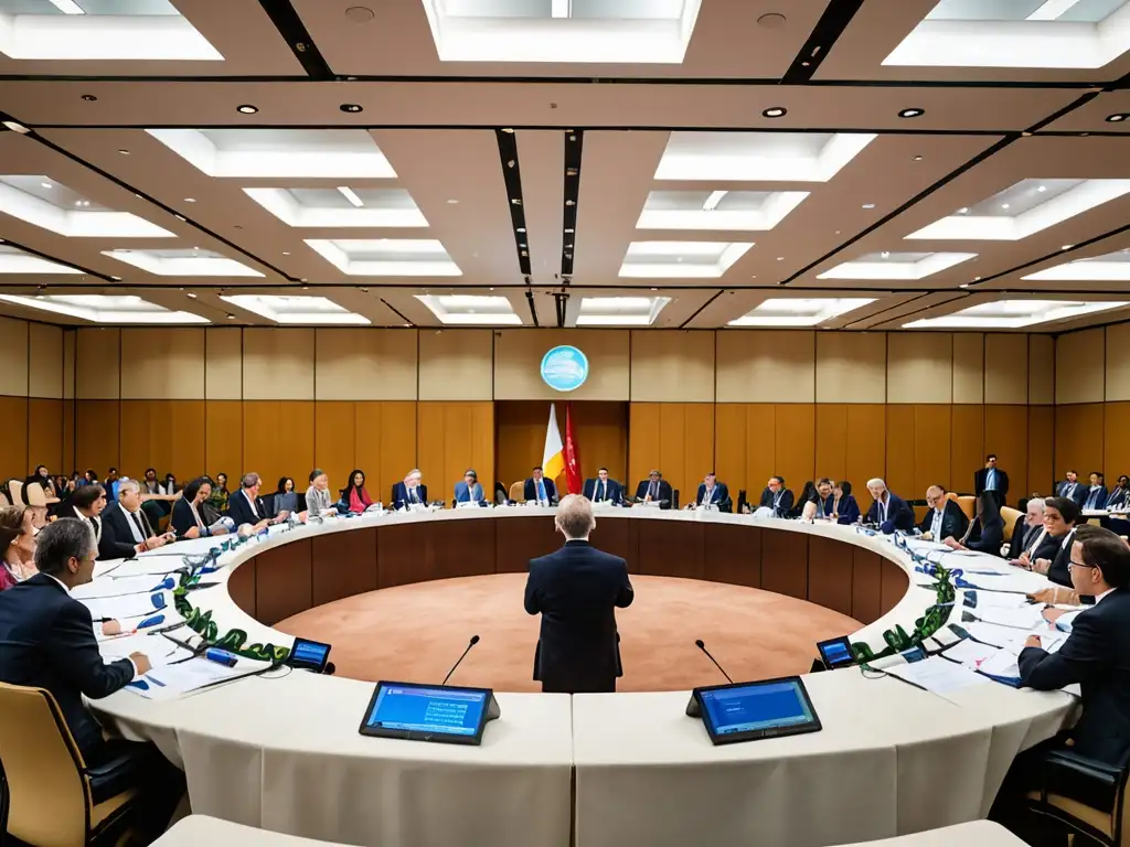 Delegados de diferentes países negocian acuerdos internacionales sobre derecho ambiental en una cumbre sobre cambio climático