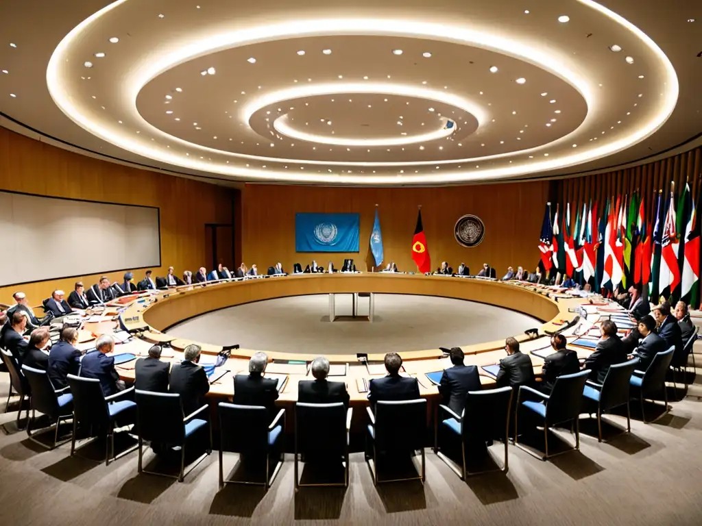 Delegados de diferentes países discuten acuerdos internacionales energías renovables en la sala de conferencias de la ONU