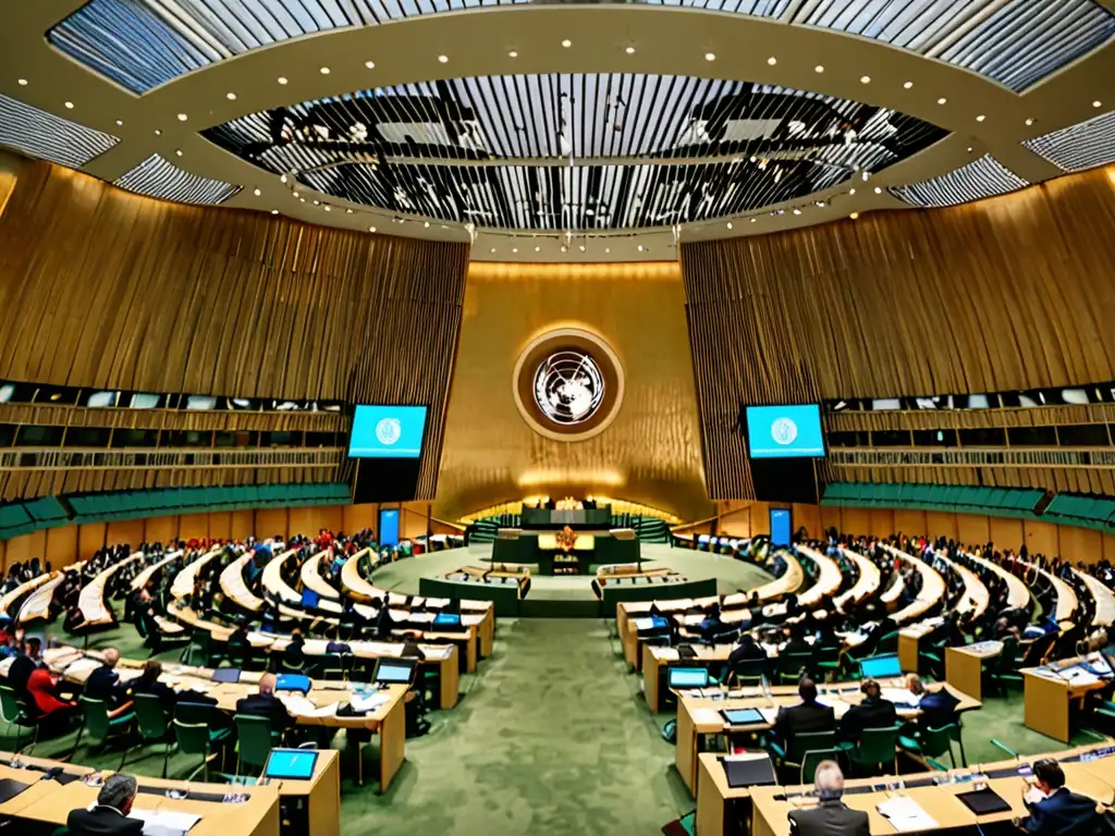 Delegados de diferentes países discuten acuerdos internacionales energías renovables en la sede de la ONU, reflejando cooperación global y diplomacia