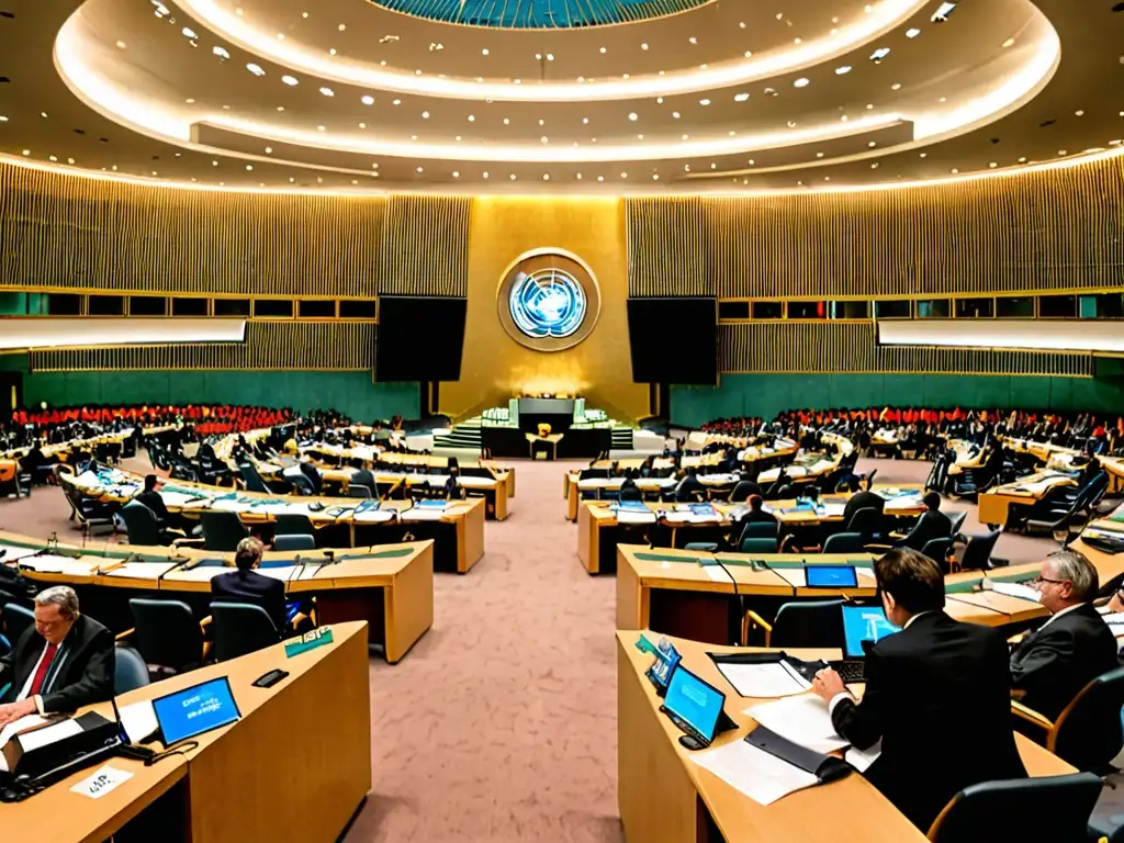 Delegados de diversos países en animadas discusiones sobre regulaciones internacionales impacto legislación ambiental en conferencia de la ONU