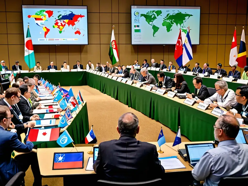 Delegados de diferentes países en conferencia CITES discuten la protección especies exóticas vulnerables, con banderas alrededor