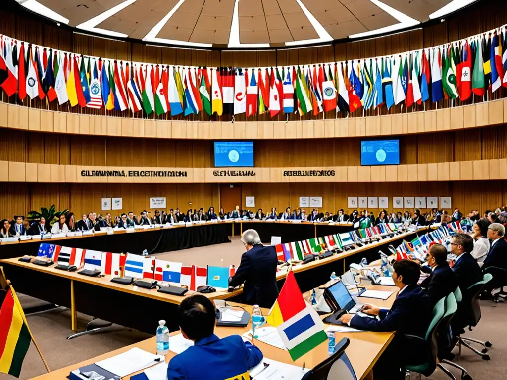 Delegados de diferentes países discuten en una conferencia internacional sobre protección del medio ambiente y derechos de los niños