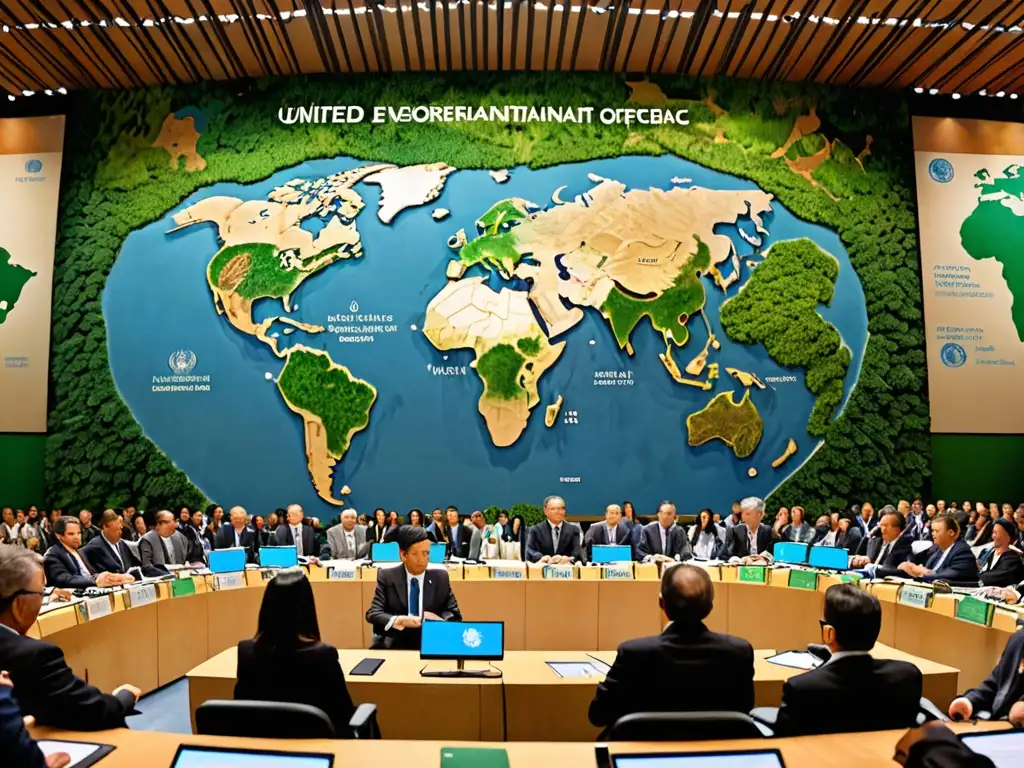 Delegados de diferentes países en conferencia de la ONU sobre medio ambiente, unidos en alianzas verdes cooperación internacional ambiental