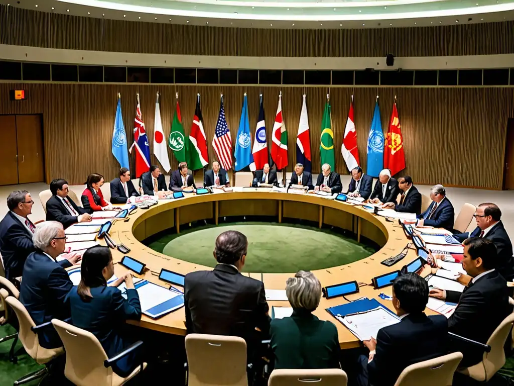 Delegados de distintos países en una intensa negociación en una conferencia de la ONU sobre medio ambiente